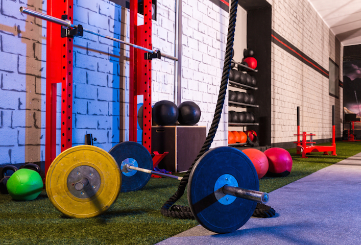 Barbells in a gym bar bells and rope